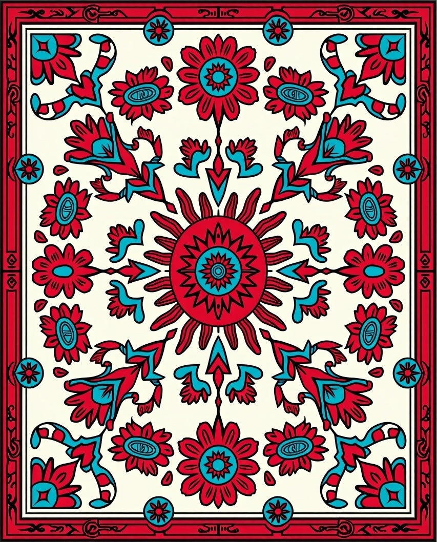 Red Turquoise Floral Sunburst Pattern Design Rug