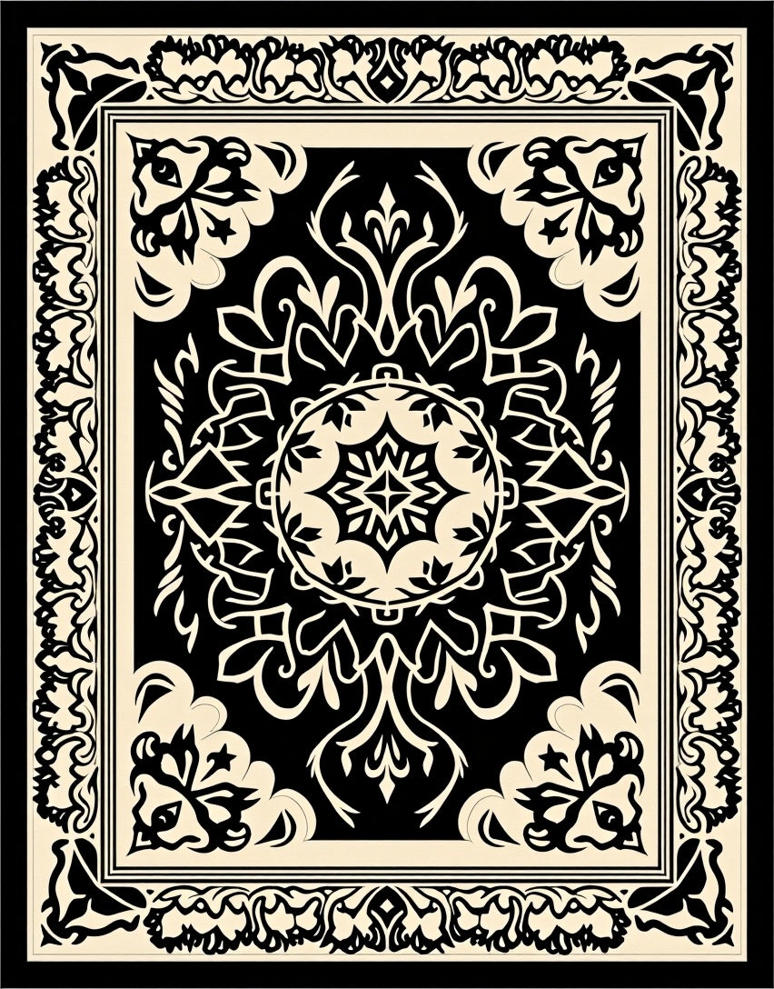 Classic Black Beige Floral Rug