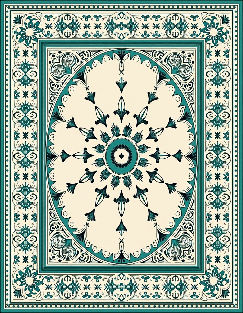 Teal Floral Medallion Cream Border Rug