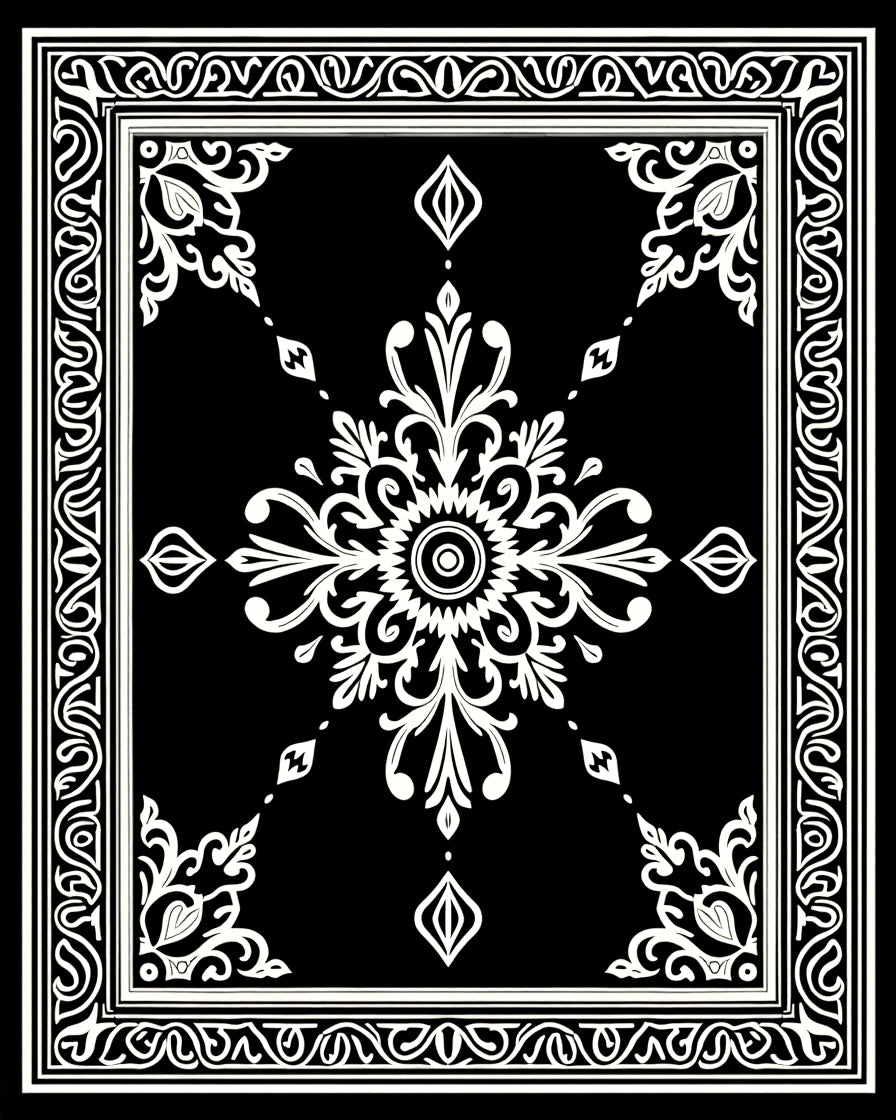 Black White Ornamental Floral Medallion Rug