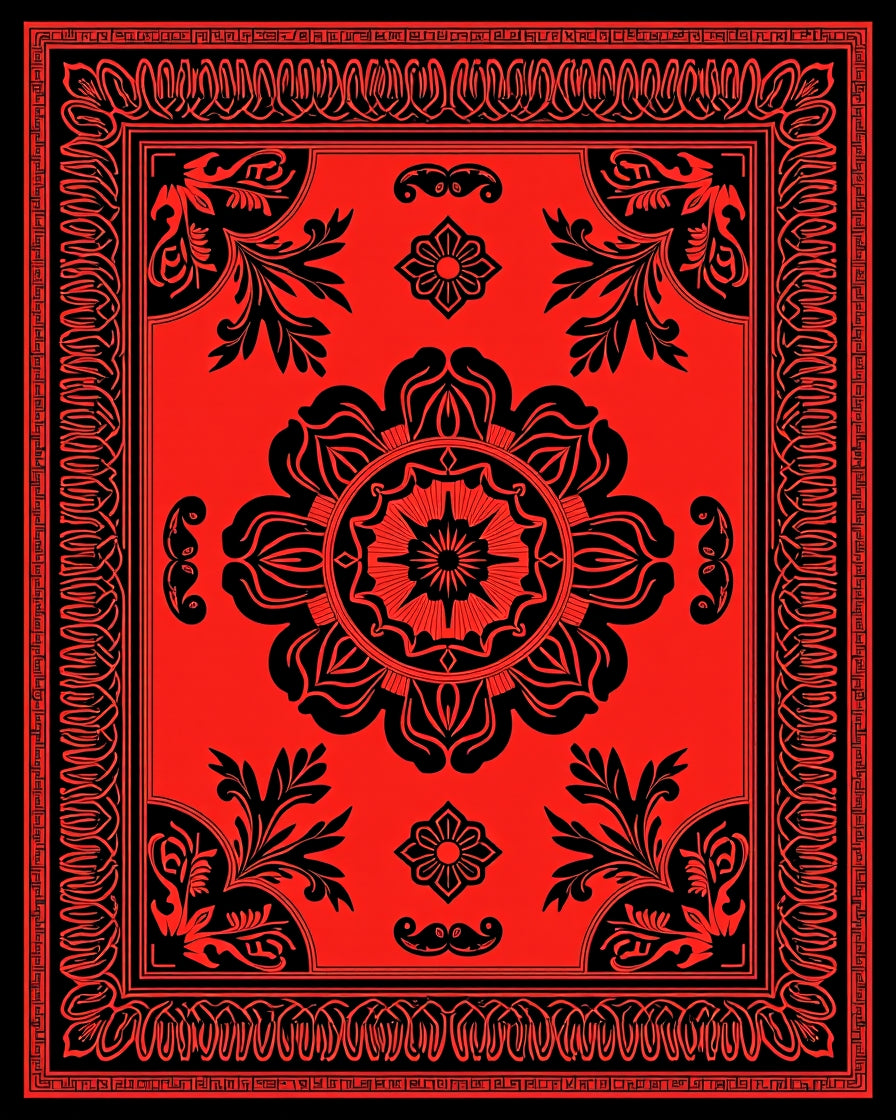 Bold Red Black Floral Ornamental Rug