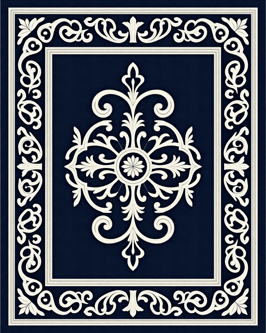 Elegant Ivory Scrollwork Motif Rug