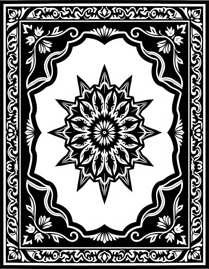 Intricate Black White Starburst Mandala Rug