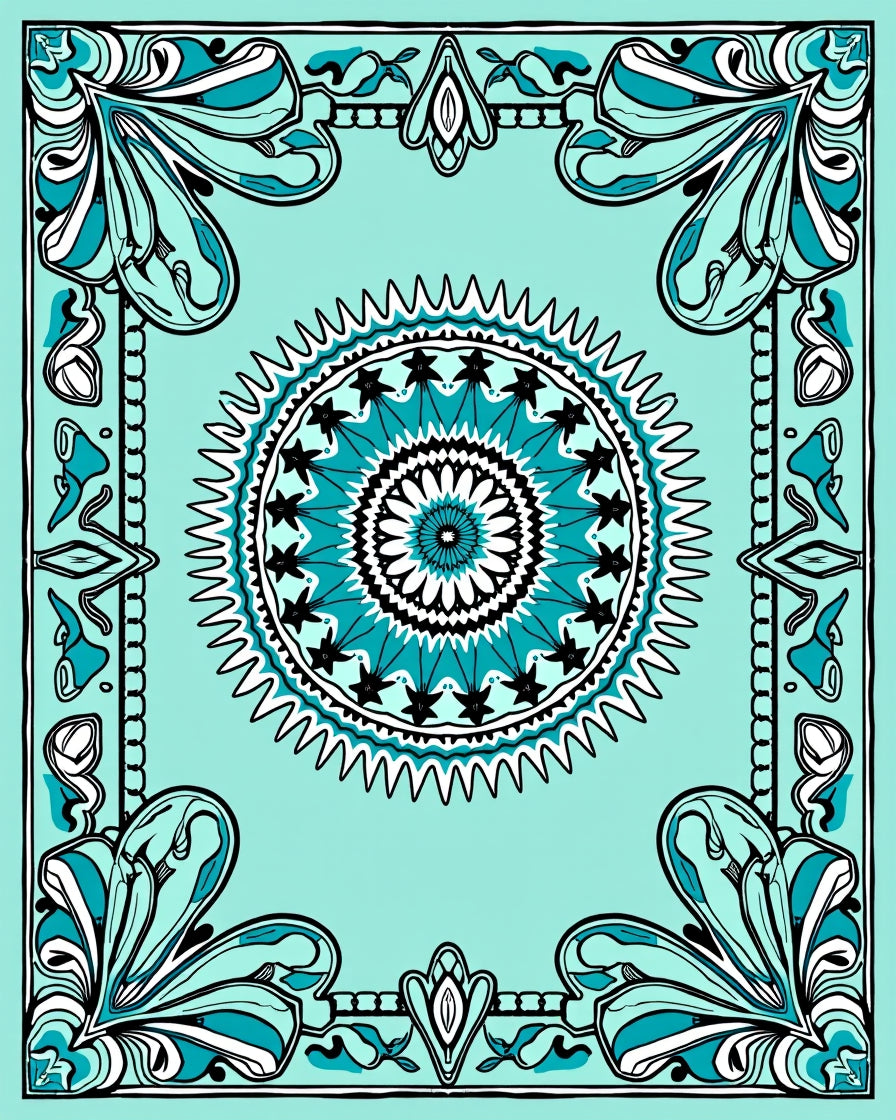 Ornate Teal and Black Floral Mandala Rug