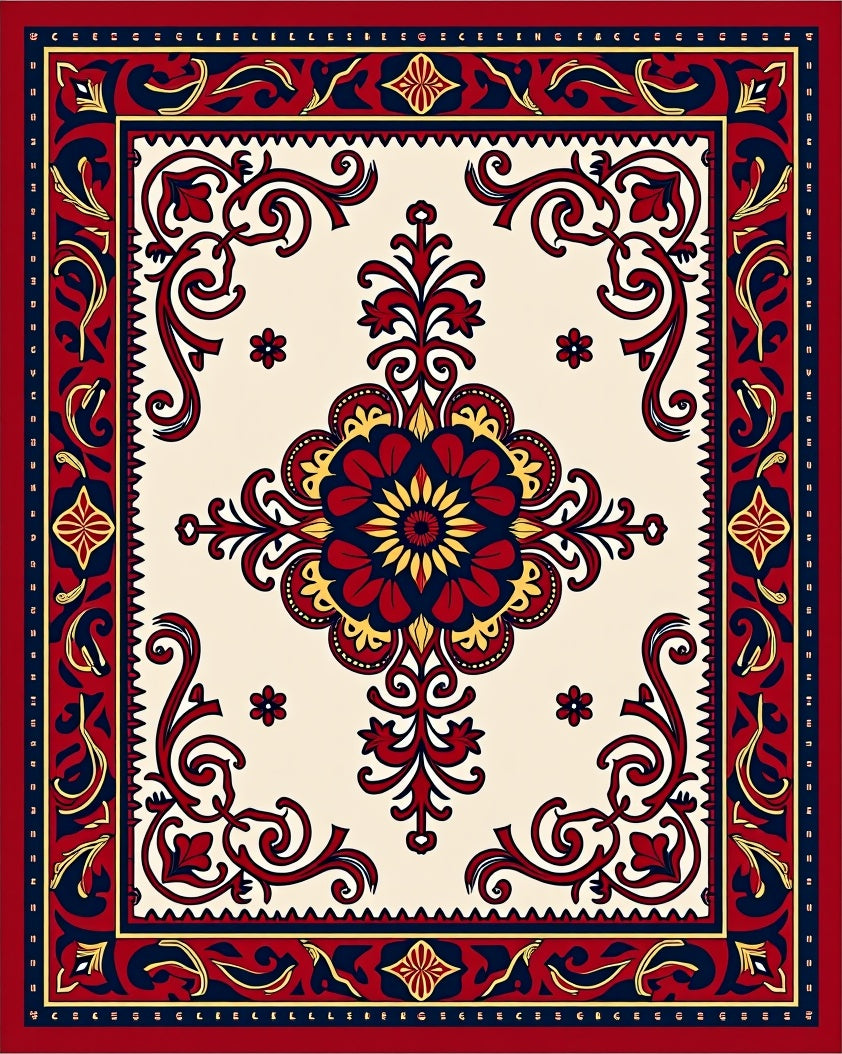 Ornate Floral Red Navy Medallion Rug