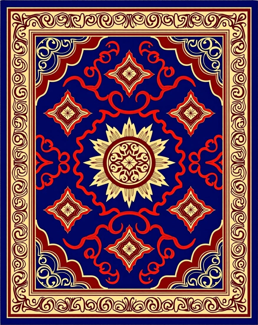 Rich Blue Floral Starburst Ornament Rug