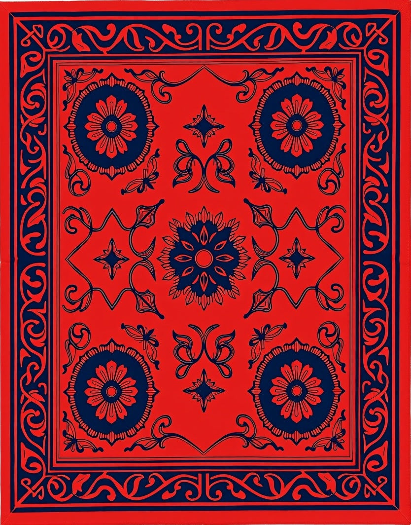 Red Navy Floral Medallion Design Rug