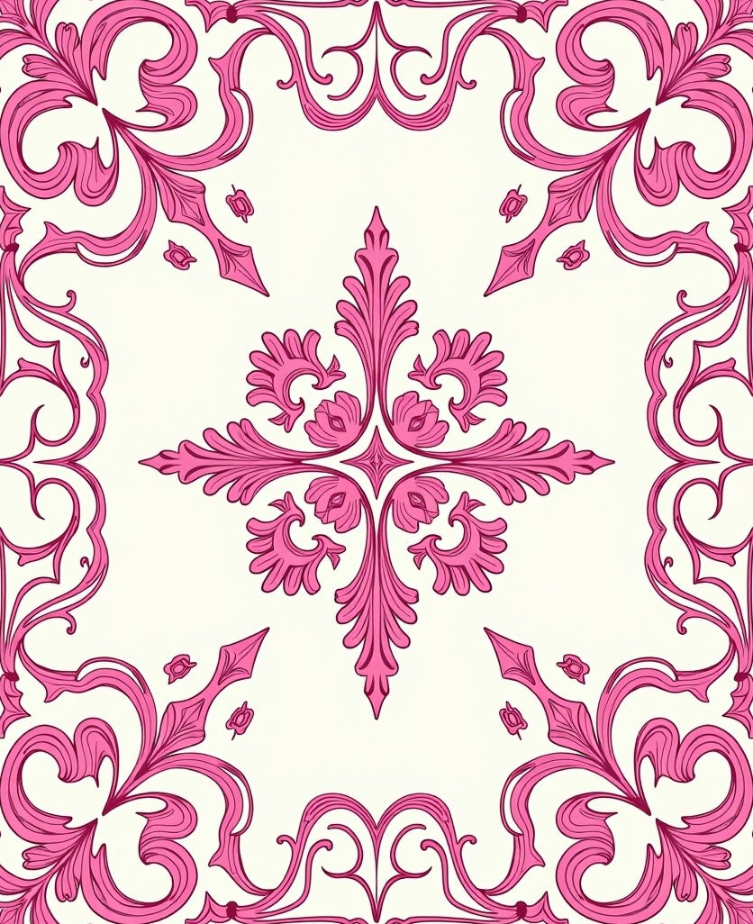 Elegant Pink Floral Scroll Pattern Rug