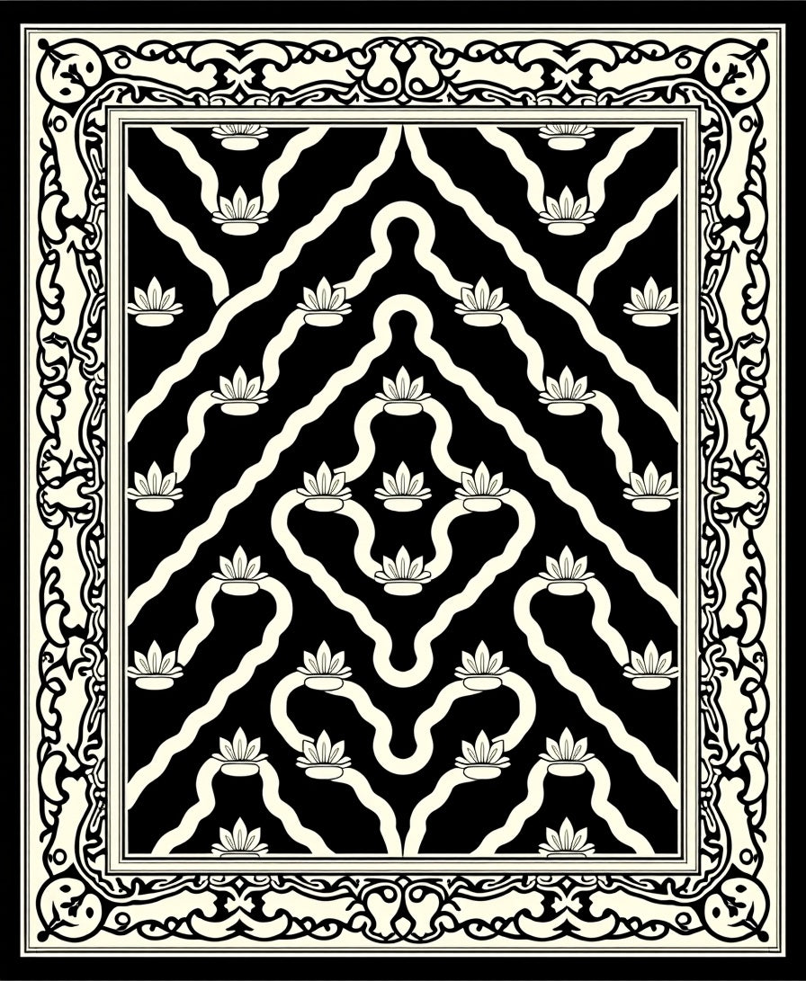 Ornate Black Cream Floral Pattern Rug