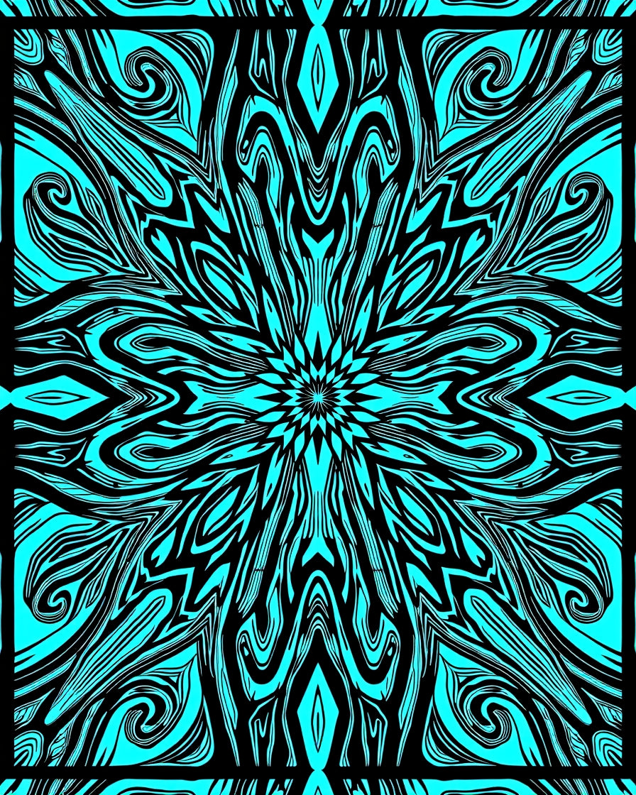 Cyan Black Abstract Swirl Floral Pattern Rug