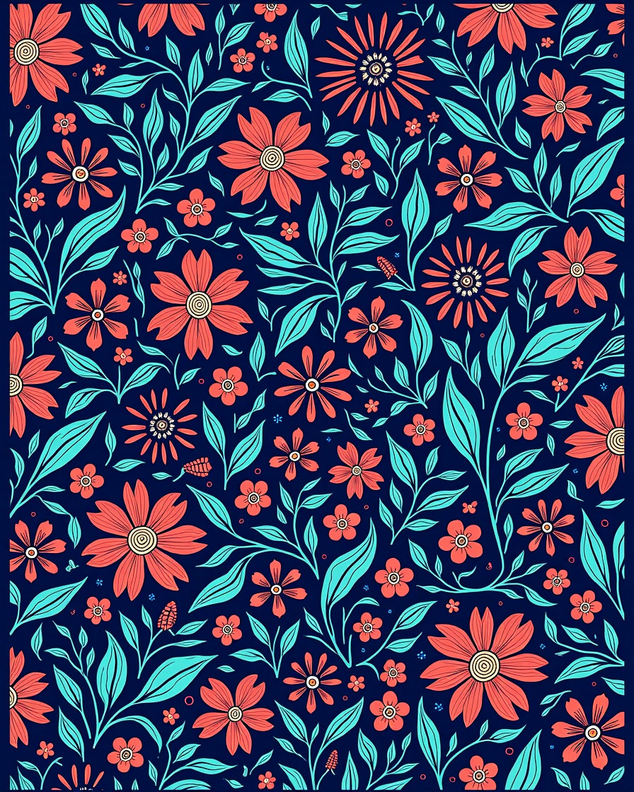Coral Teal Floral Vine Pattern Rug