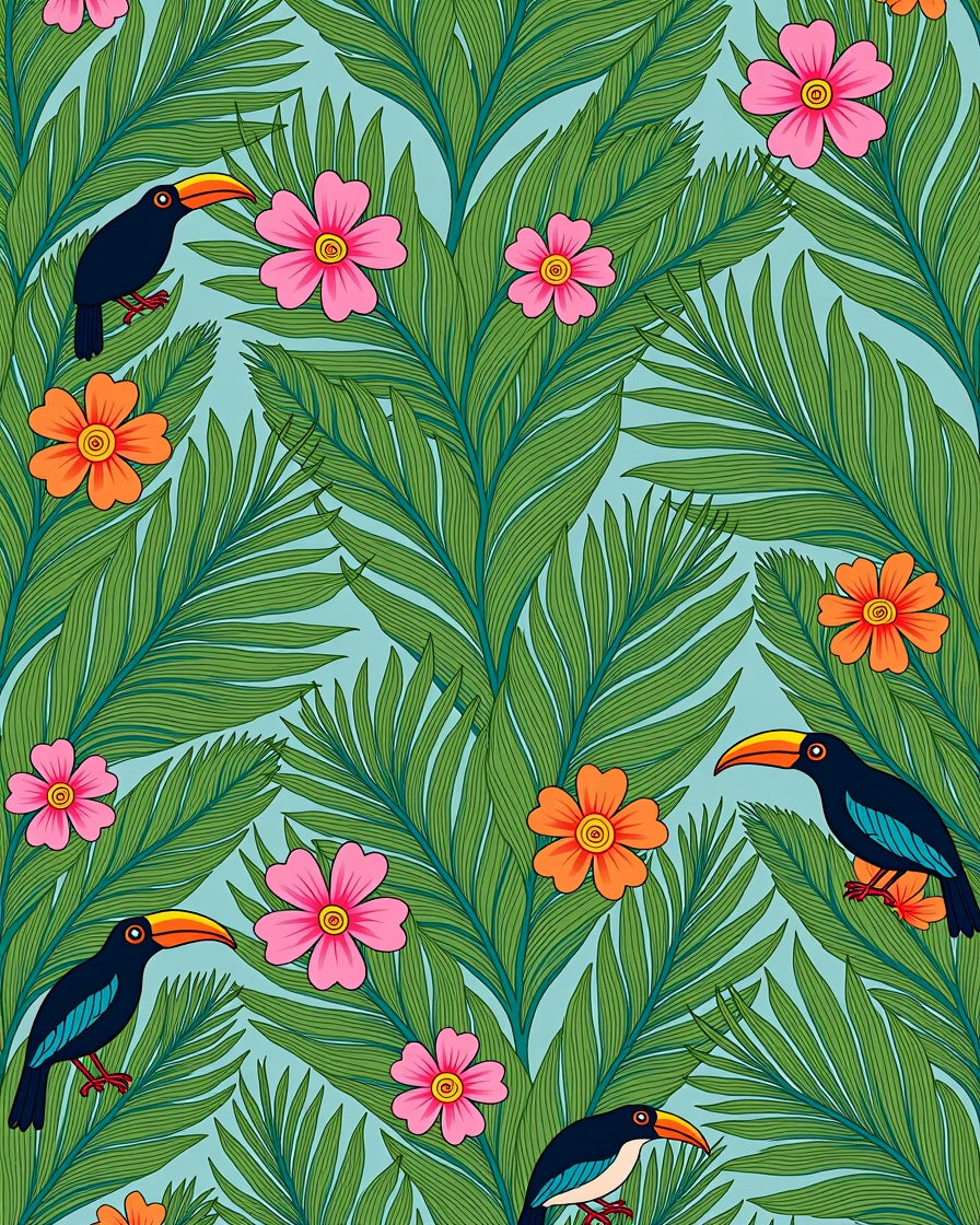 Tropical Toucan Floral Leaf Pattern Rug