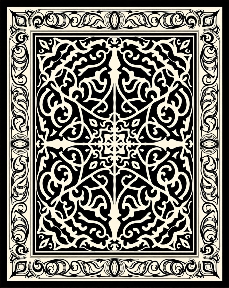 Intricate Black Ivory Damask Pattern Rug