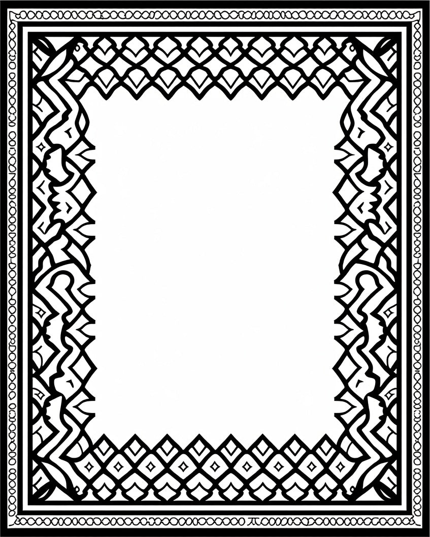 Intricate Black White Geometric Scroll Border Rug