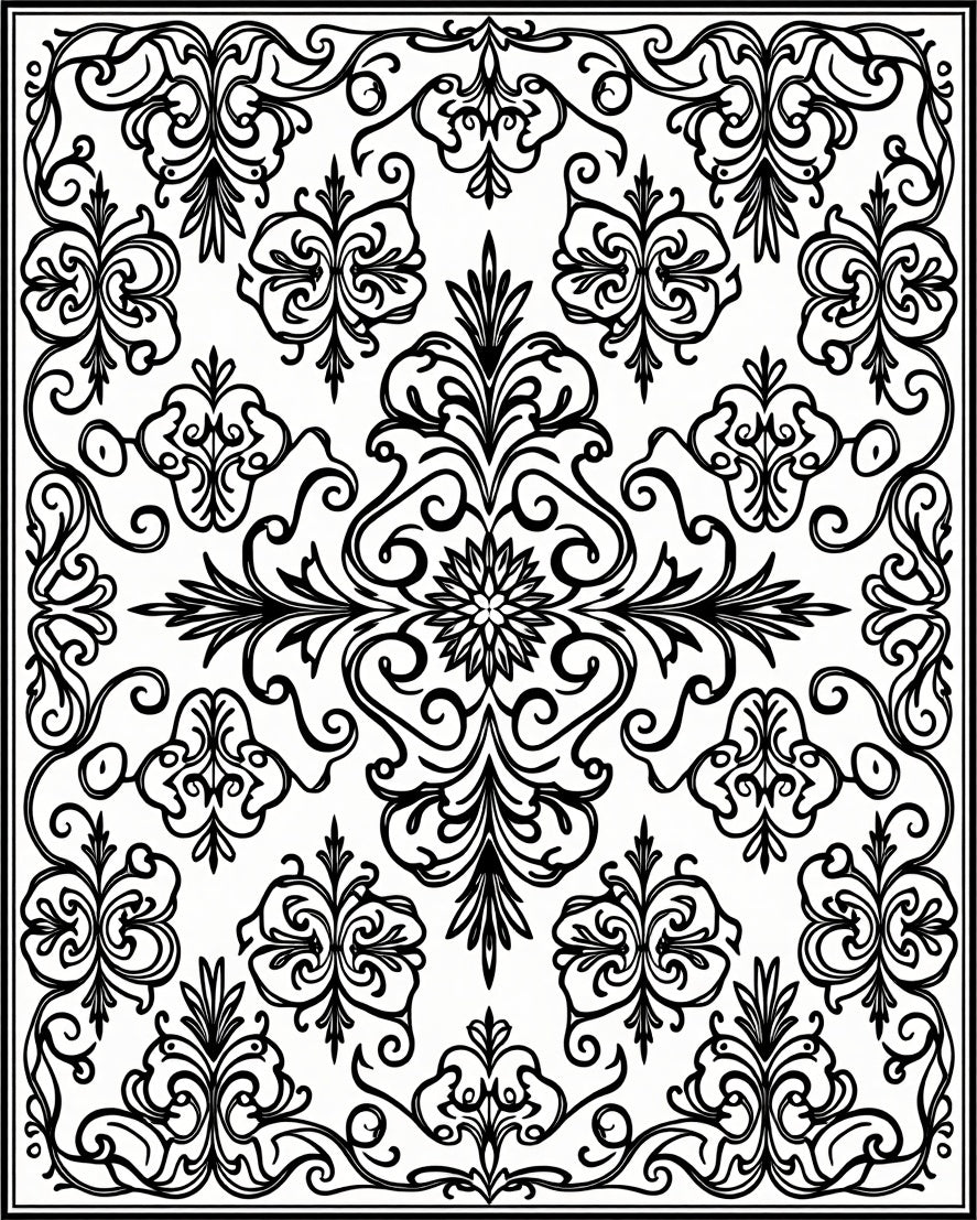 Intricate Black White Floral Scroll Rug