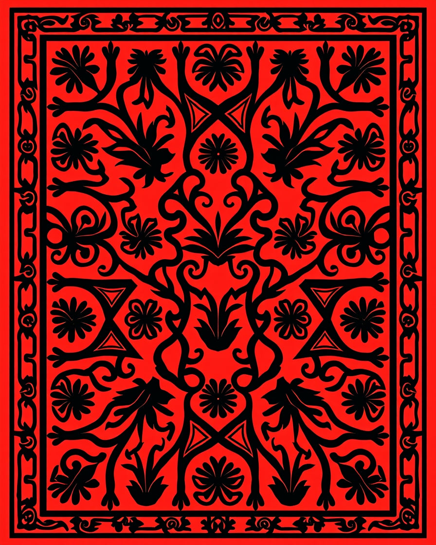 Bold Red Floral Vine Design Rug