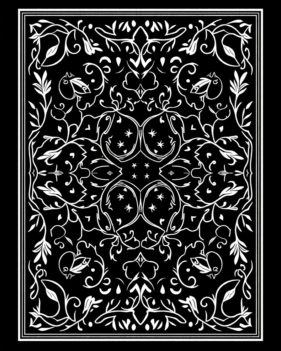 White Black Floral Symmetry Vines Rug