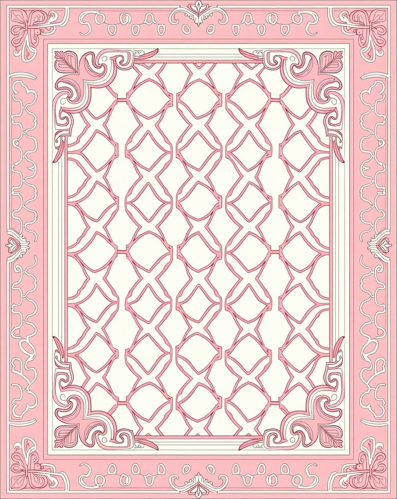 Pink White Ornate Lattice Design Rug