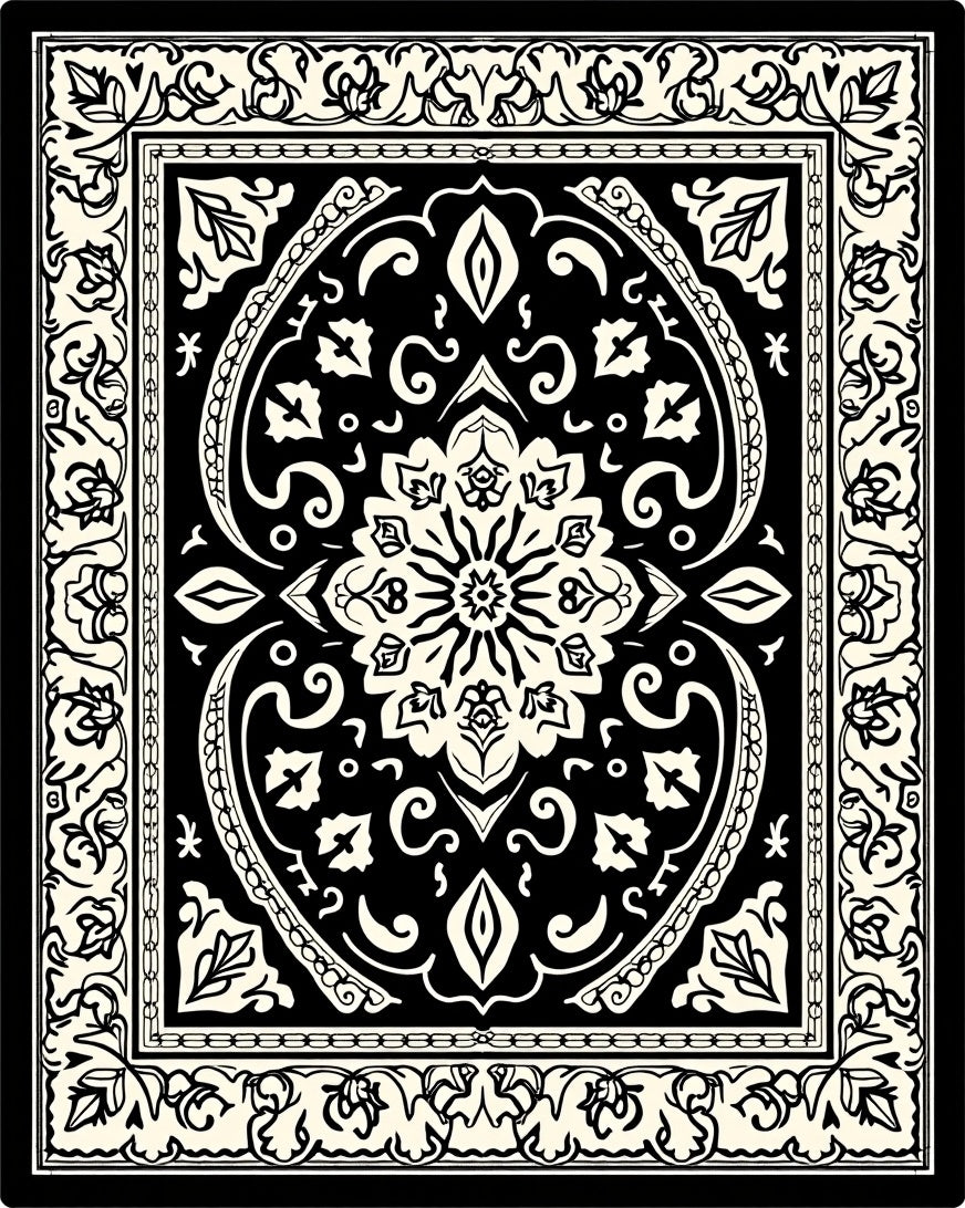 Black Floral Medallion Border Rug