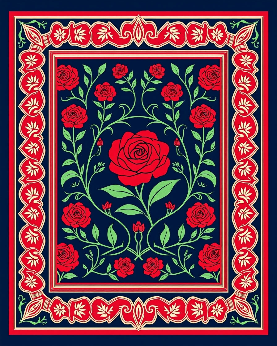 Red Rose Botanical Garden Pattern Rug