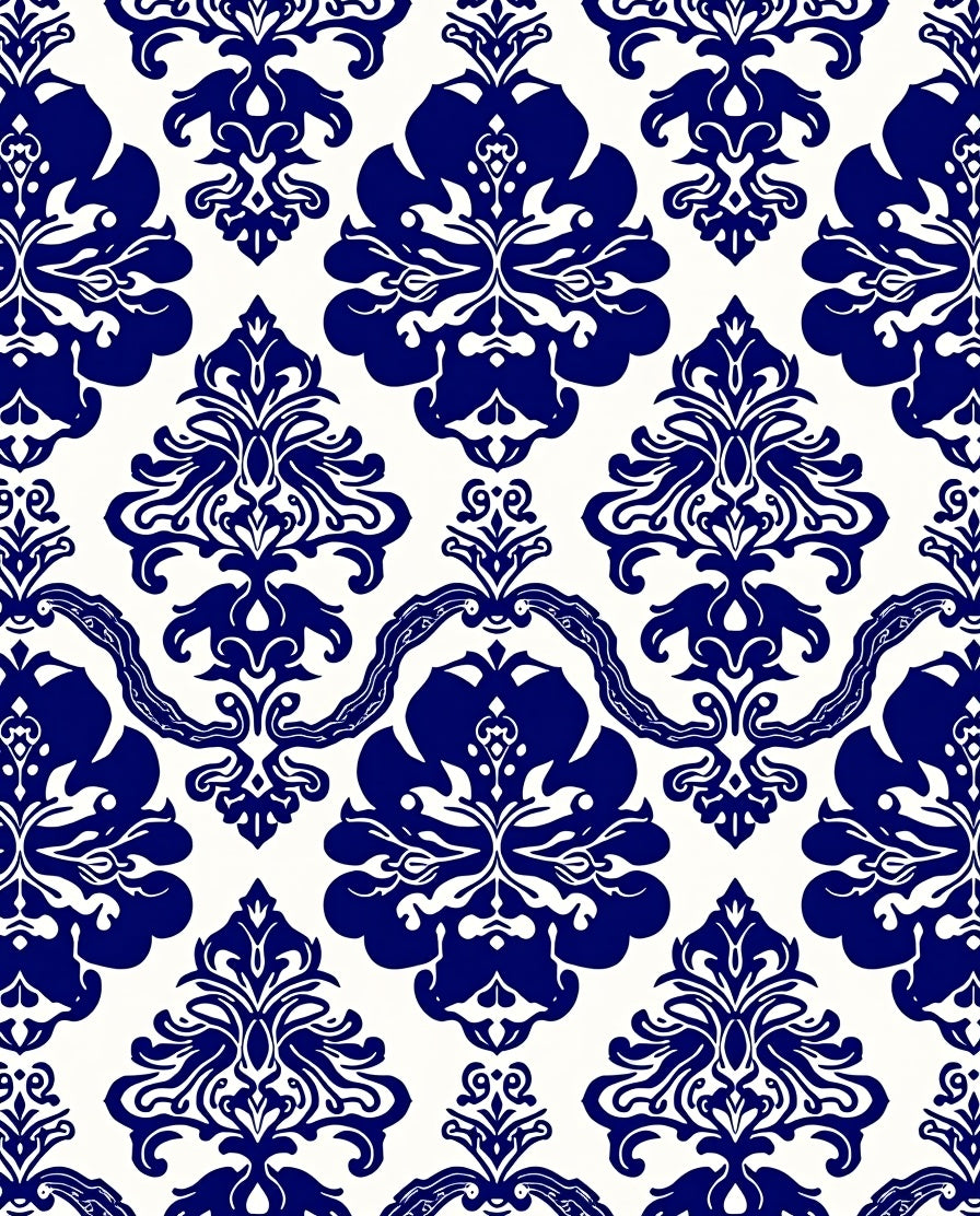 Traditional Blue White Damask Floral Rug