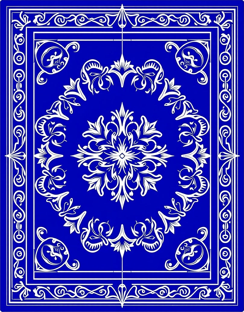 Ornate Blue White Floral Scroll Rug