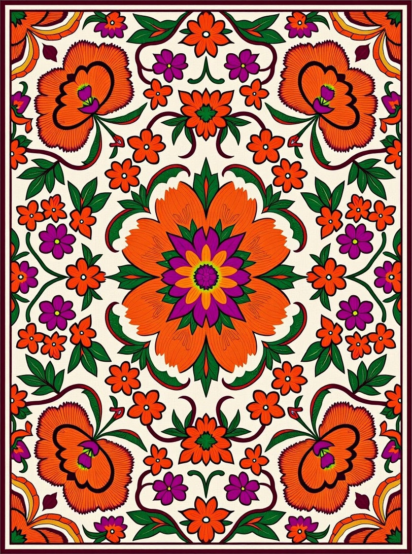 Vibrant Floral Patterned Textile-Inspired Rug