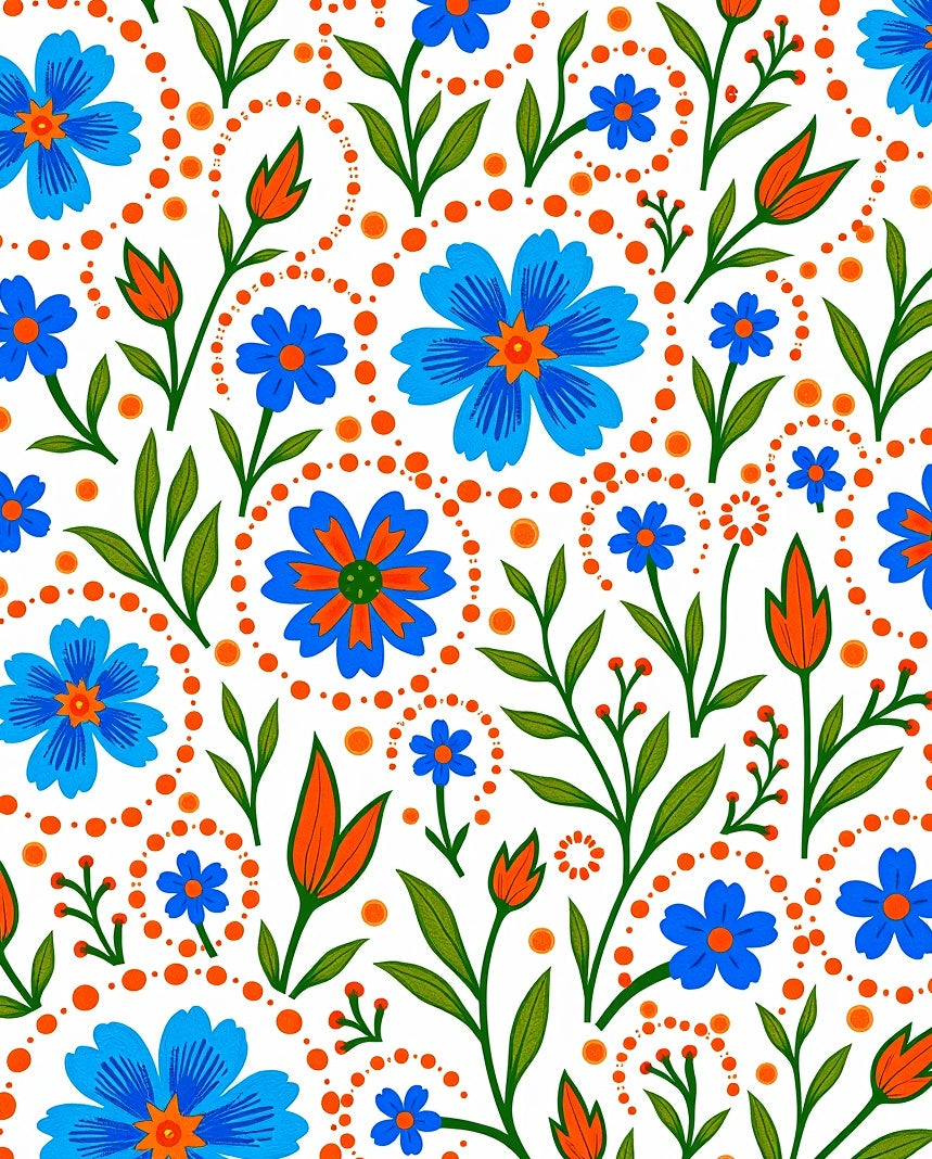 Whimsical Blue Orange Floral Pattern Rug