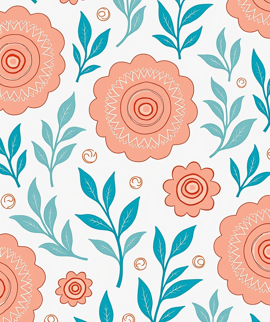 Coral Teal Floral Pattern Abstract Rug