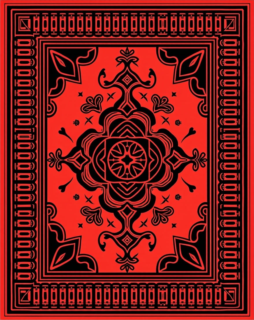 Bold Red Black Floral Art Deco Rug