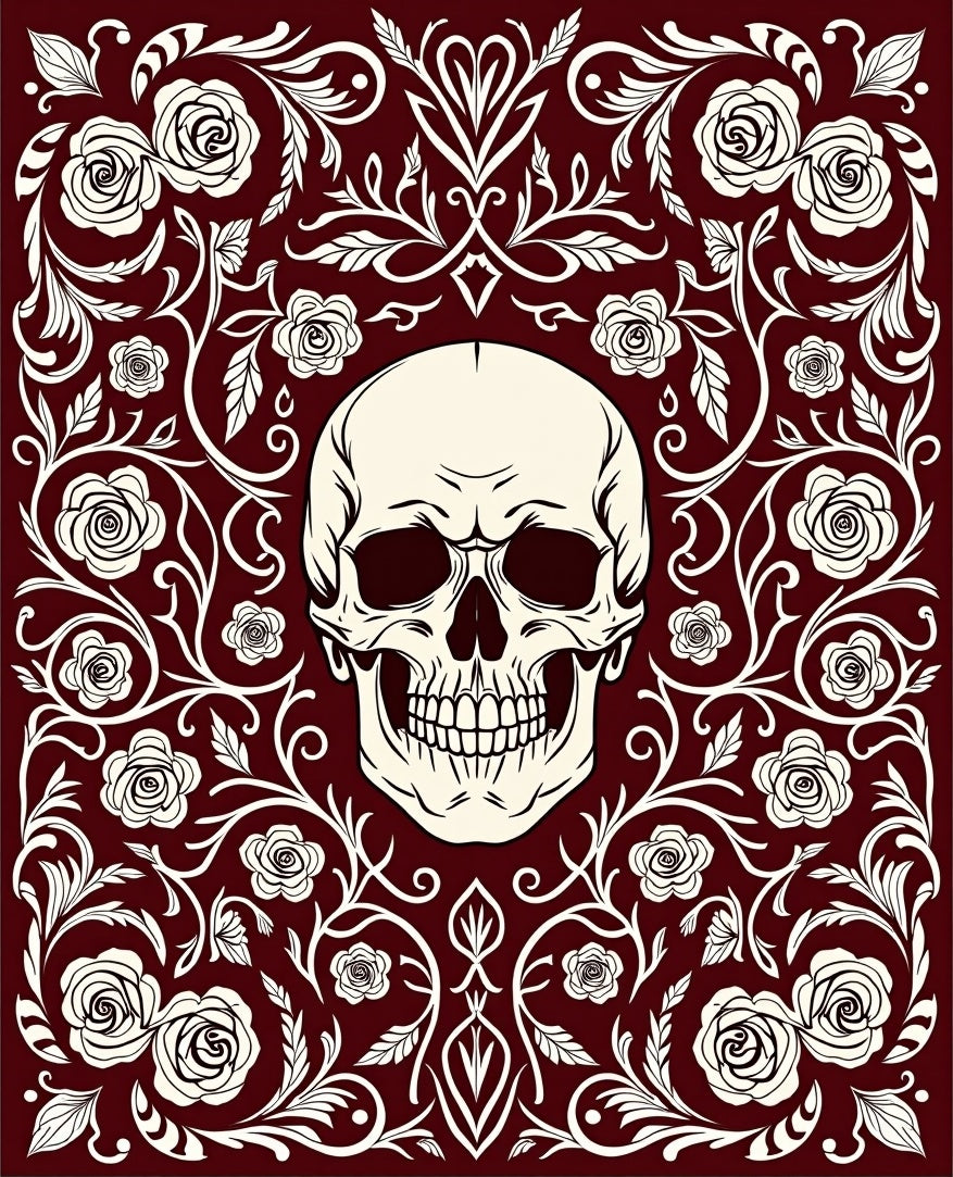 Dark Red Skull Rose Garland Rug