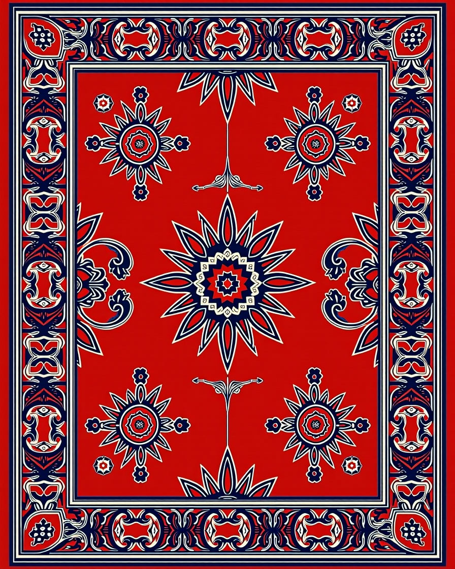 Red Sunburst Patterned Decorative Rug