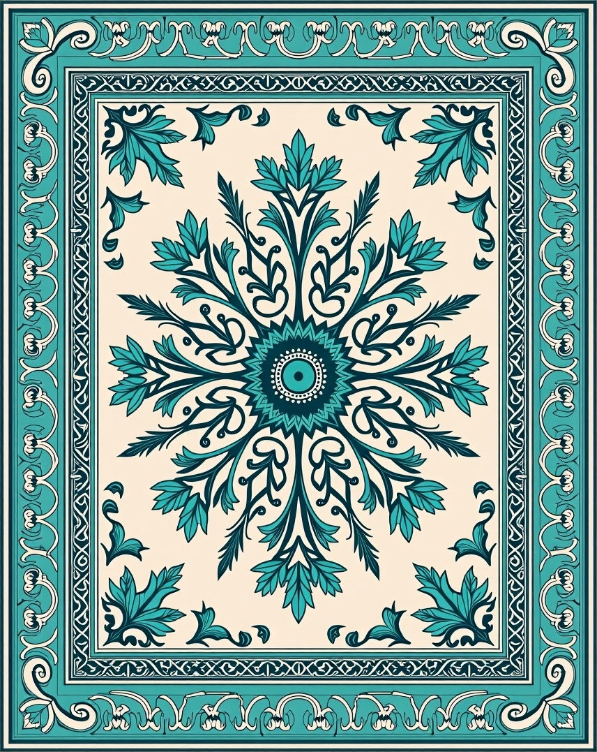Teal Floral Medallion Bordered Rug