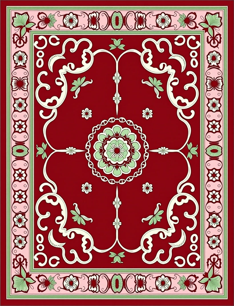 Crimson Floral Scrollwork Patterned Rug