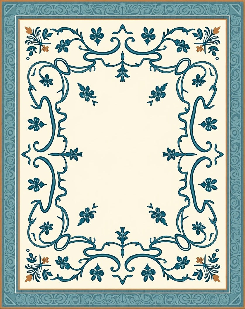 Ornate Teal Floral Border Design Rug