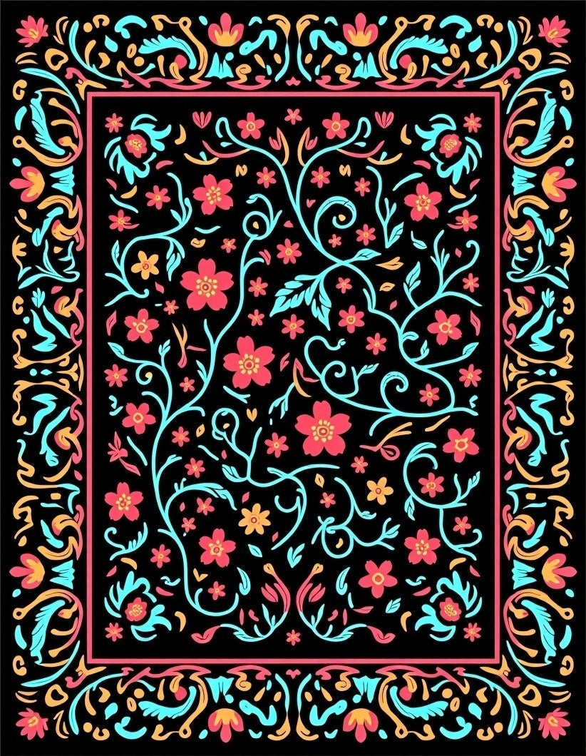 Vibrant Floral Vines Border Pattern Rug