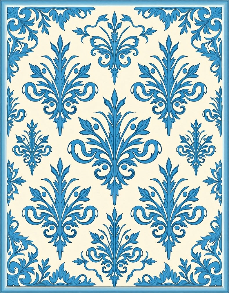 Elegant Blue Floral Damask Pattern Rug