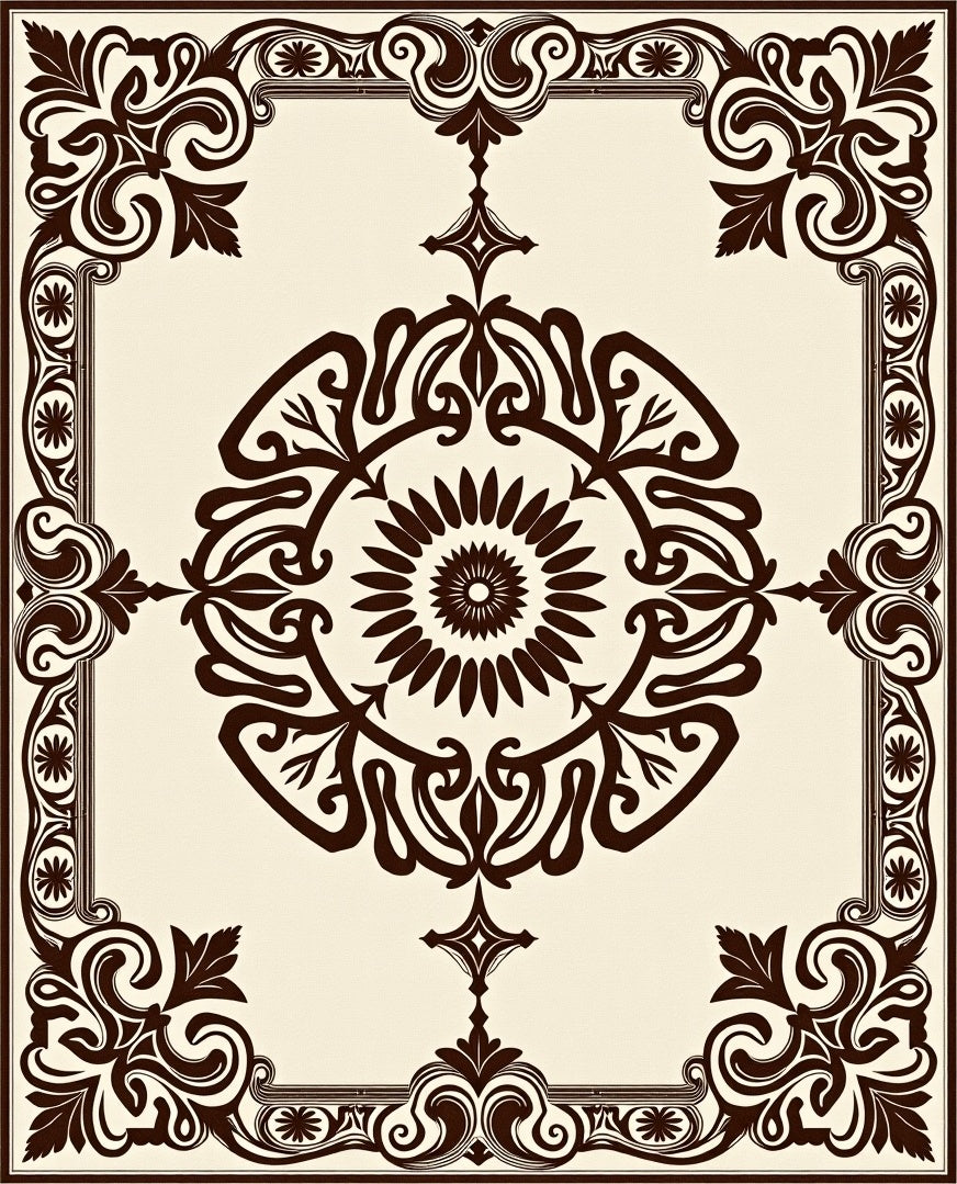 Brown Floral Scroll Frame Rug