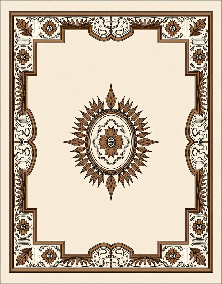 Brown Floral Medallion Geometric Border Rug