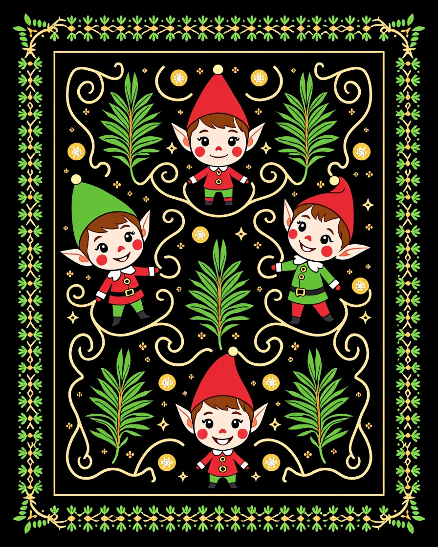 Joyful Elves Black Holiday Border Rug