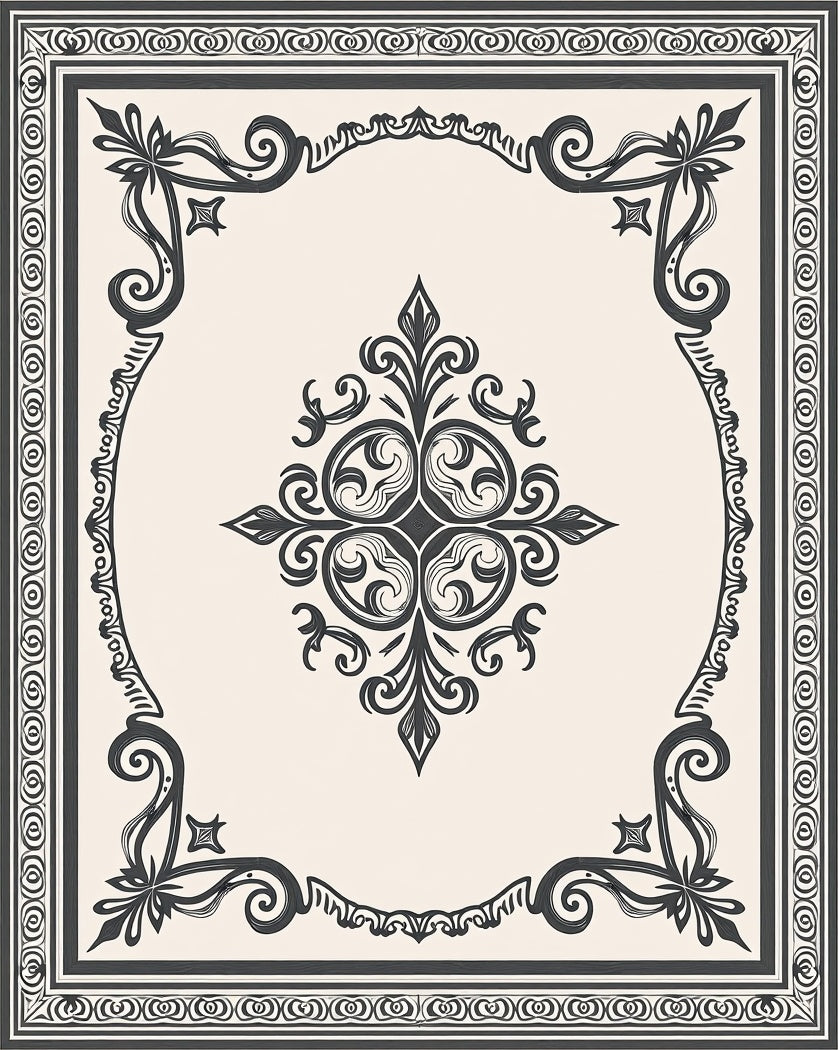 Intricate Black Floral Scrollwork Rug