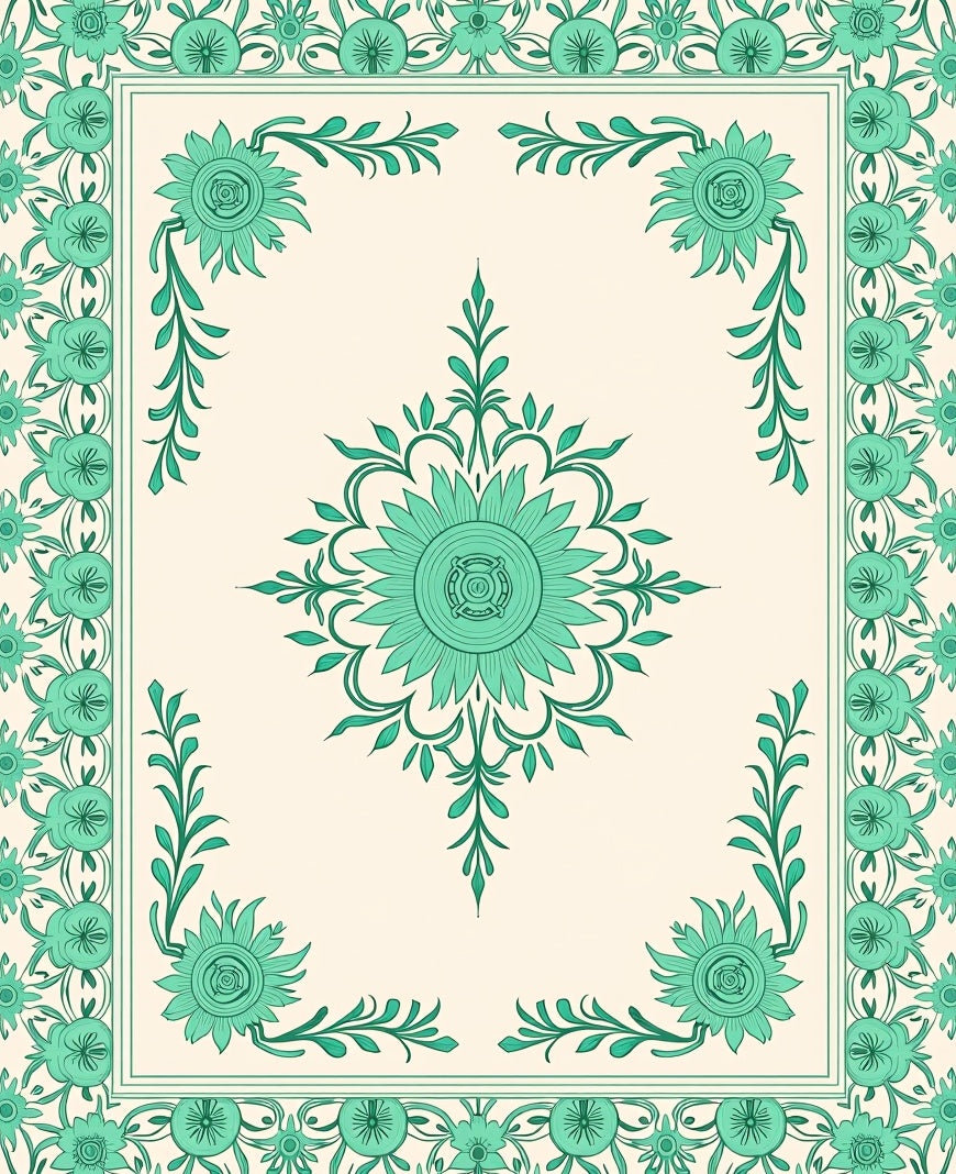 Teal Floral Mandala Border Design Rug