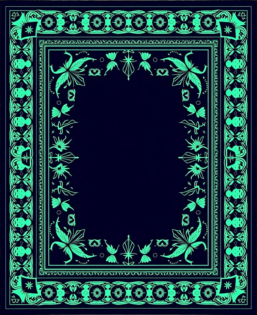 Deep Blue Emerald Floral Border Rug