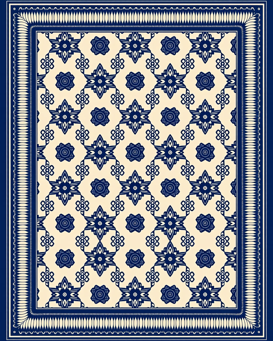 Classic Blue and Cream Intricate Floral Pattern Rug