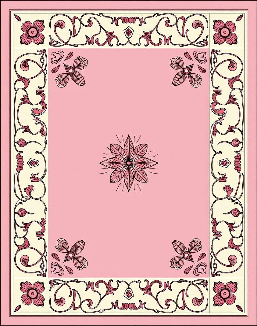 Pink Ivory Floral Scrollwork Pattern Rug