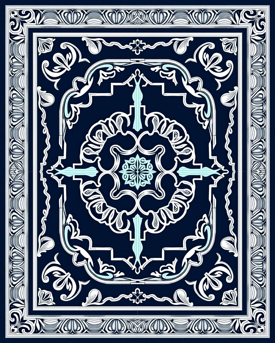 Elegant Navy Floral Mandala Design Rug