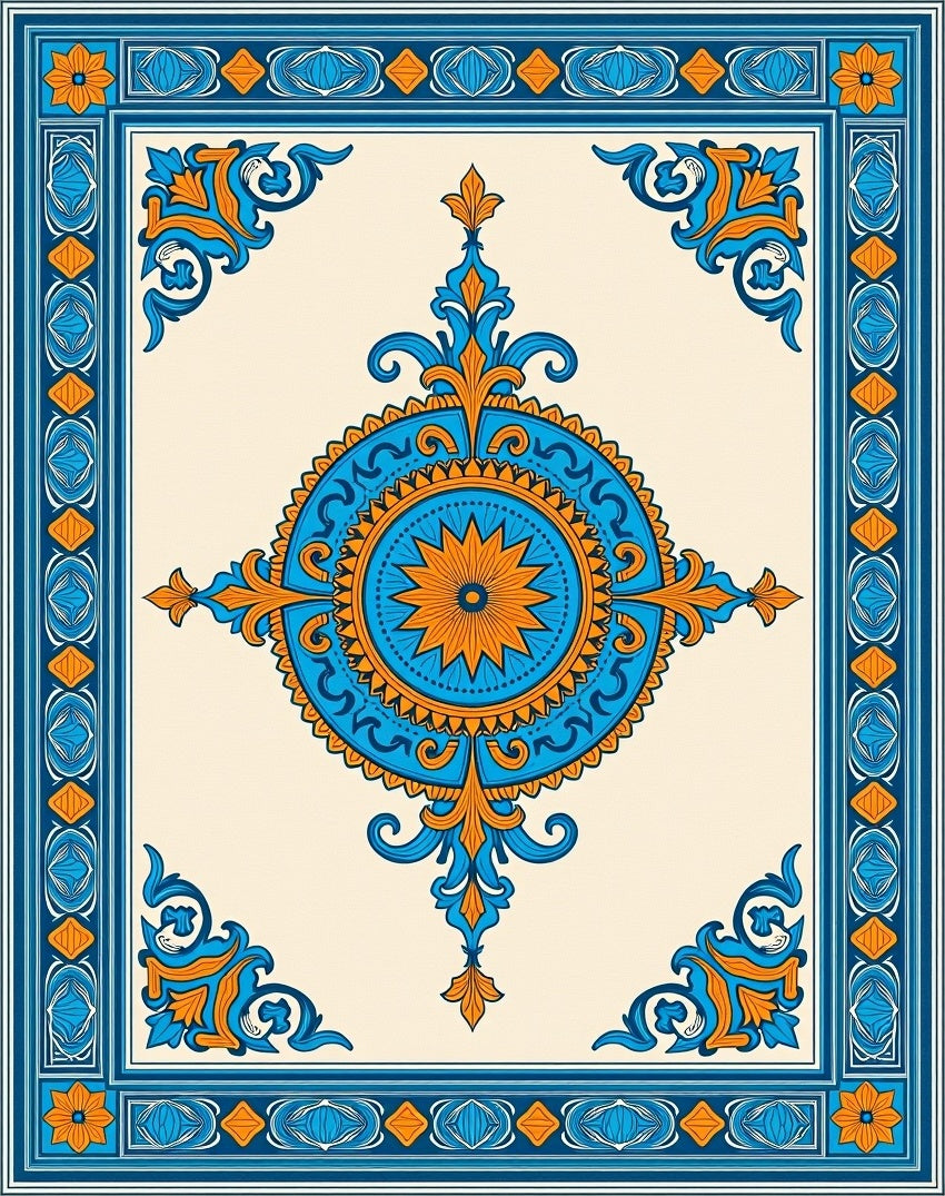 Ornate Blue Orange Medallion Motif Rug