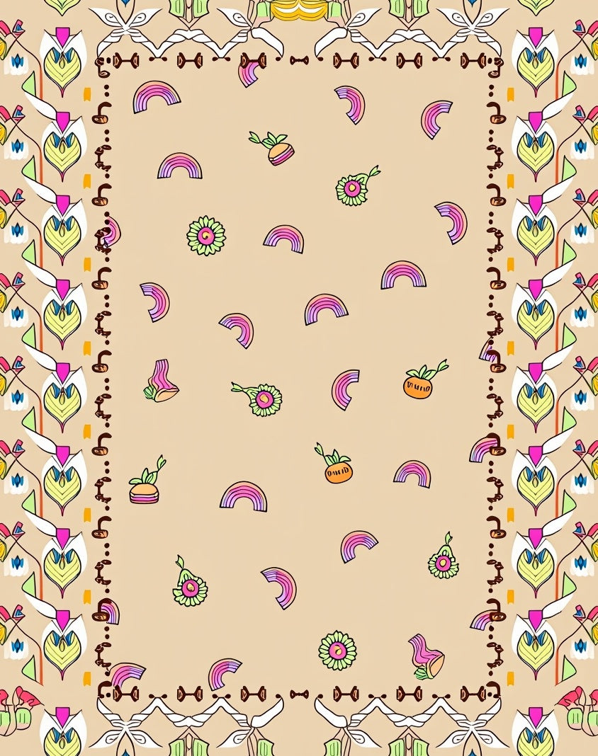 Whimsical Rainbow Flower Border Design Rug