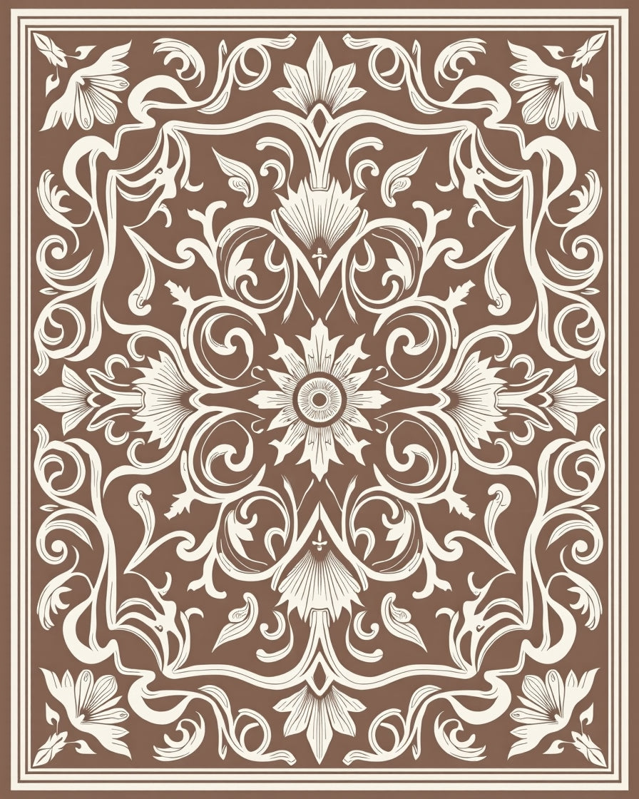 Ornate Floral Swirls Brown Rug
