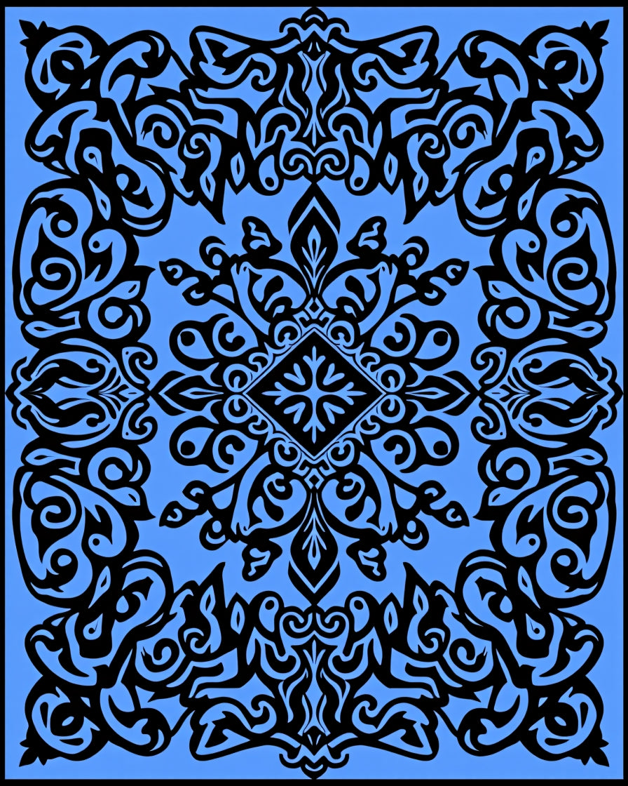 Bold Black Scrollwork With Blue Pattern Rug